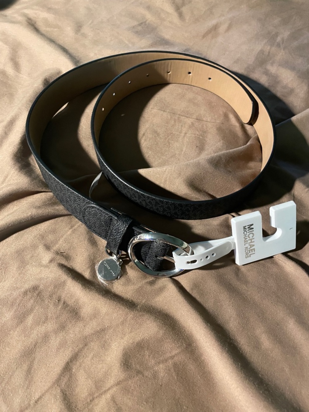 Michael Kors Black Logo Leather Belt with Silver Oval Buckle